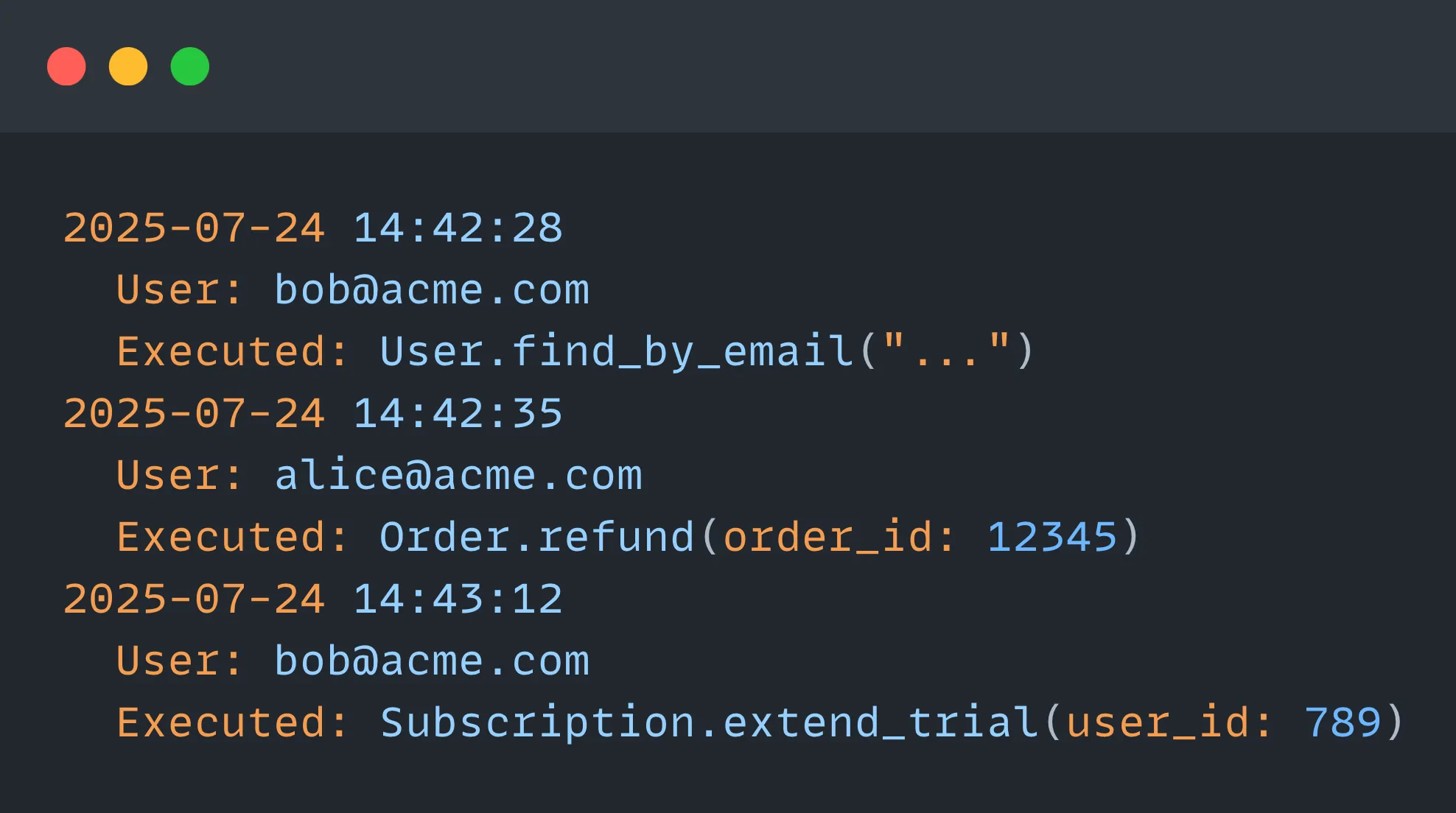 Terminal-style audit log display showing timestamped user actions including user lookup and order refund operations