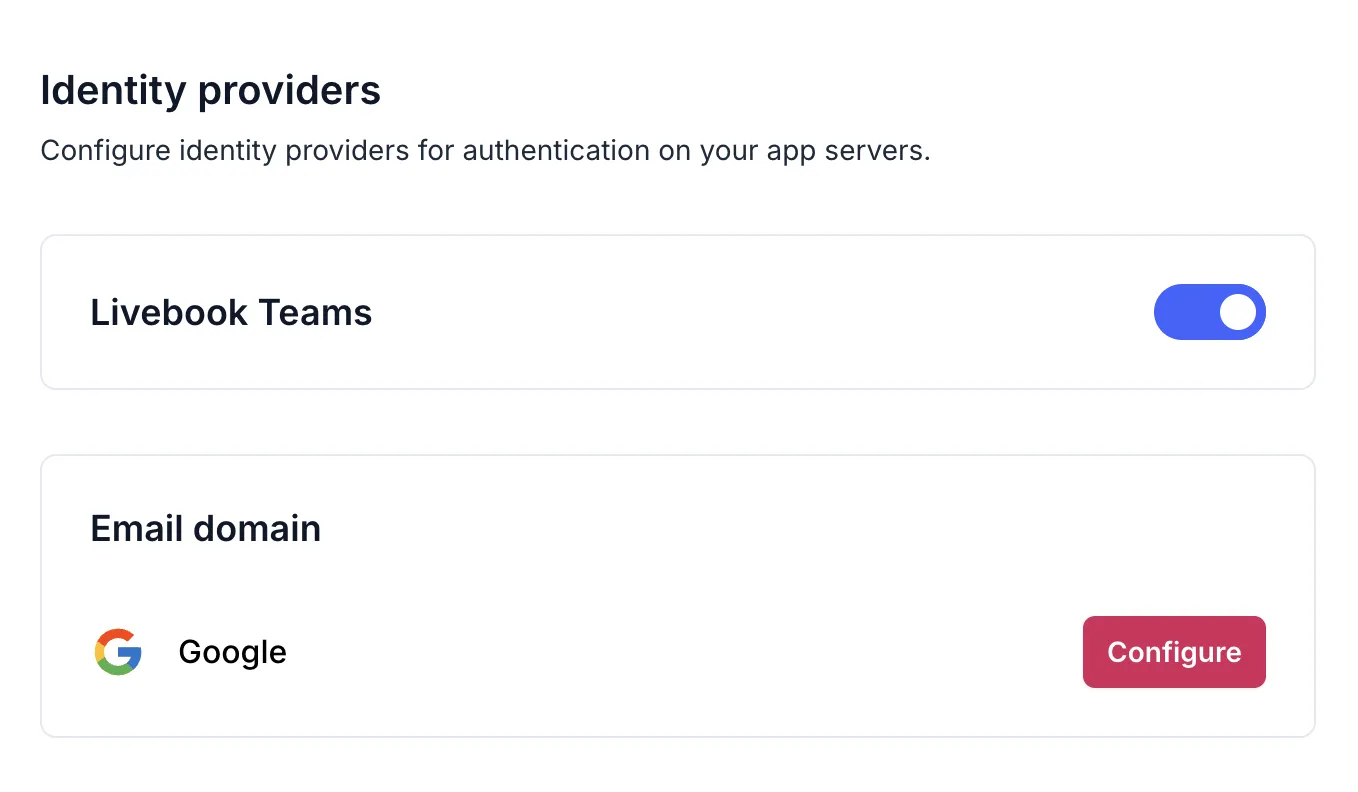 Identity providers configuration interface showing Livebook Teams and Google email domain authentication options
