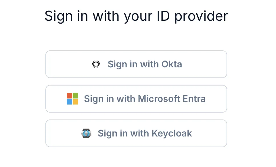 Single Sign-On login interface showing Okta, Microsoft Entra, and Keycloak provider options